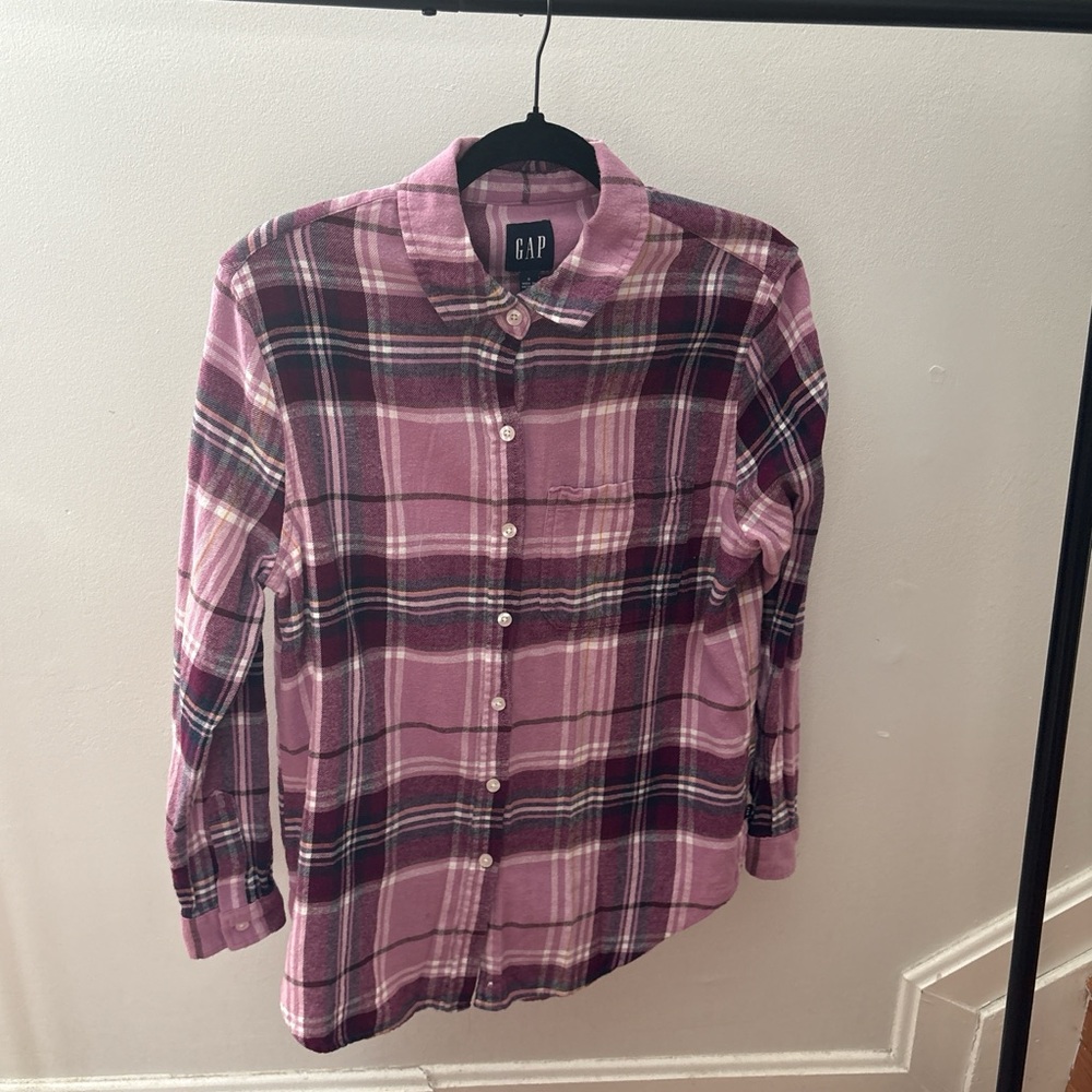 GAP Men's Pink and Black Plaid Button-Down Shirt
